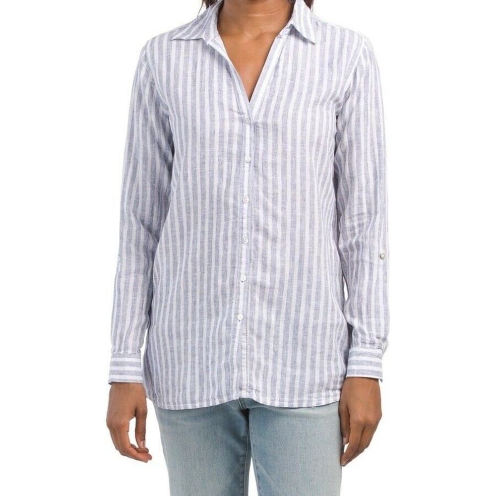 Isaac Mizrahi 100% Linen Shirt Womens L Blue Costal Vacation Beach Cover Preppy
